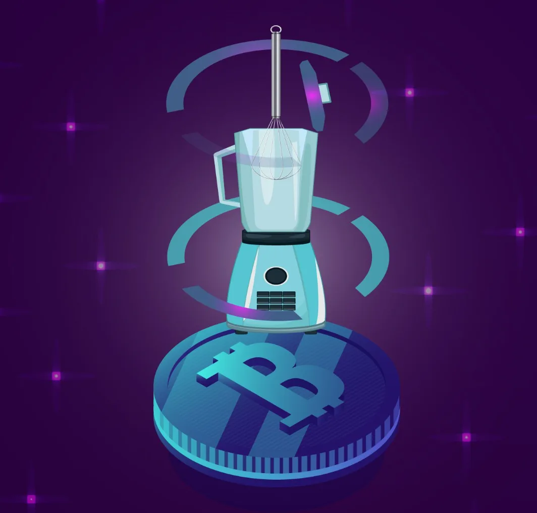 Crypto mixer illustration: a blender spinning above a large Bitcoin coin