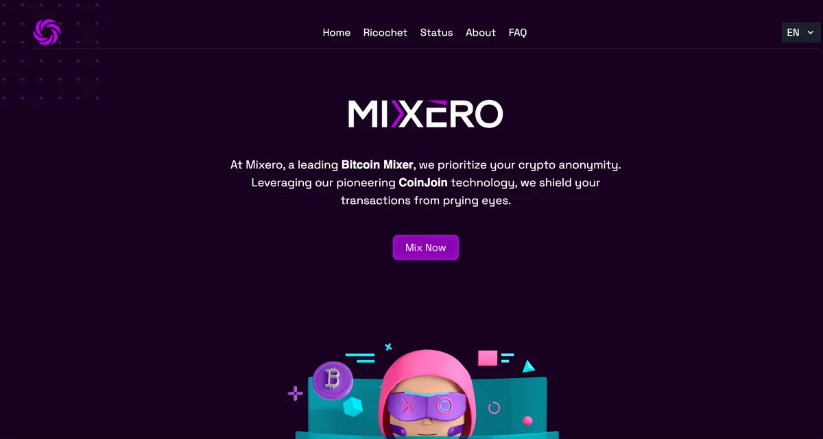 Mixero Bitcoin mixer homepage with Mix Now button and short description of its CoinJoin-based mixing
